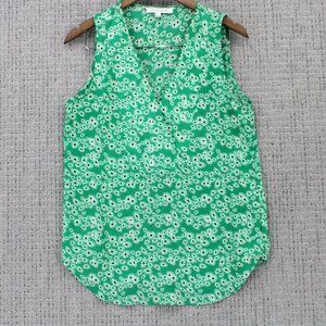 Rose Olive Blouse Top Womens Small S Green Floral Sleeveless Lightweight V Neck